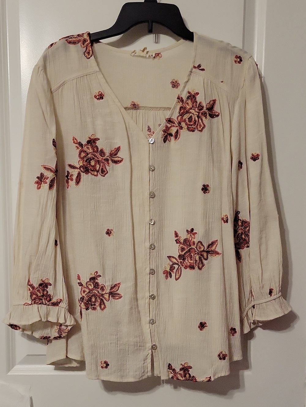 Hope Springs Women's XL L/S Cream/rust Metallic Thread Flowers. Like New